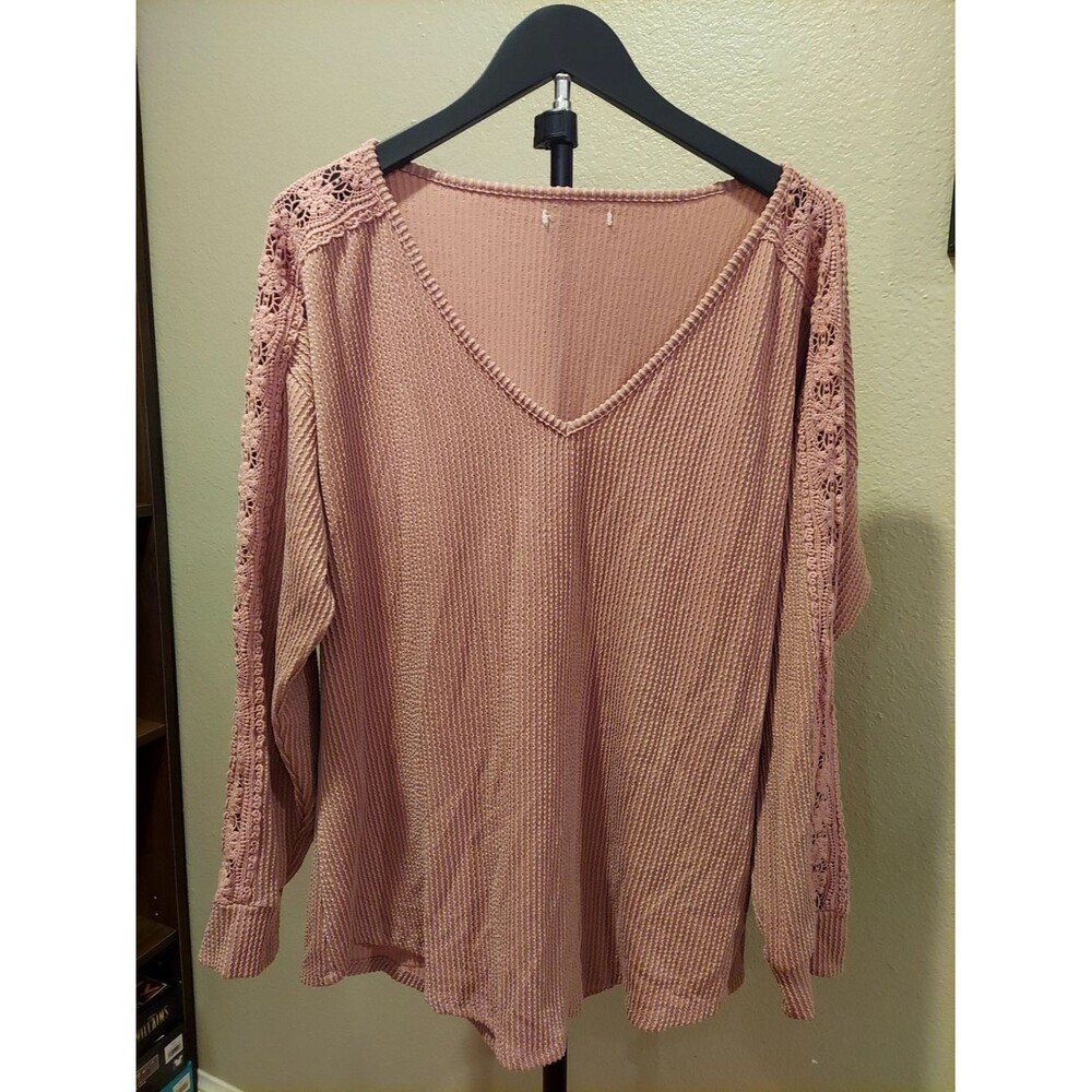Andree Dusty Rose V-Neck Knit Top with Crochet Sleeve Detail -Brand tag cut